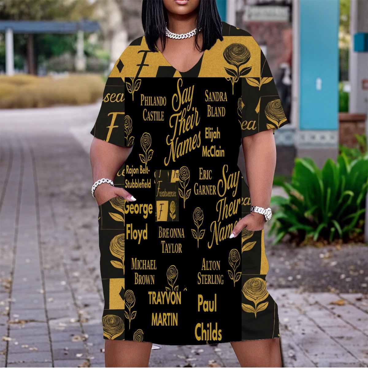 Say Their Names x Freakweensea V Neck Short Sleeve Dress|Plus Size