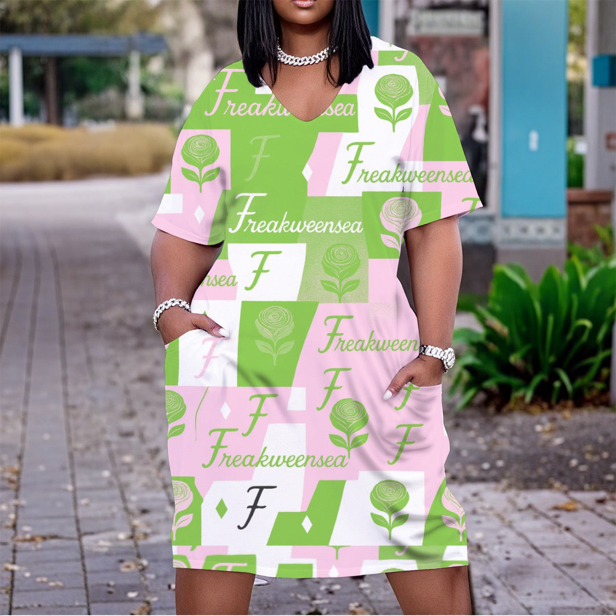 Freakweensea V Neck Short Sleeve Dress|Plus Size