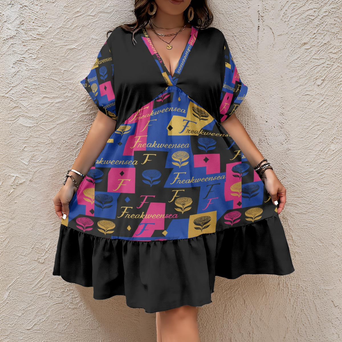 Freakweensea Floral V-Neck Short Sleeve Dress