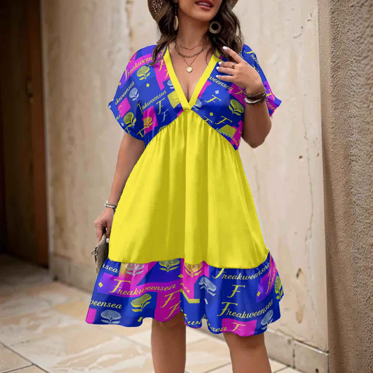 Freakweensea Floral V-Neck Short Sleeve Dress