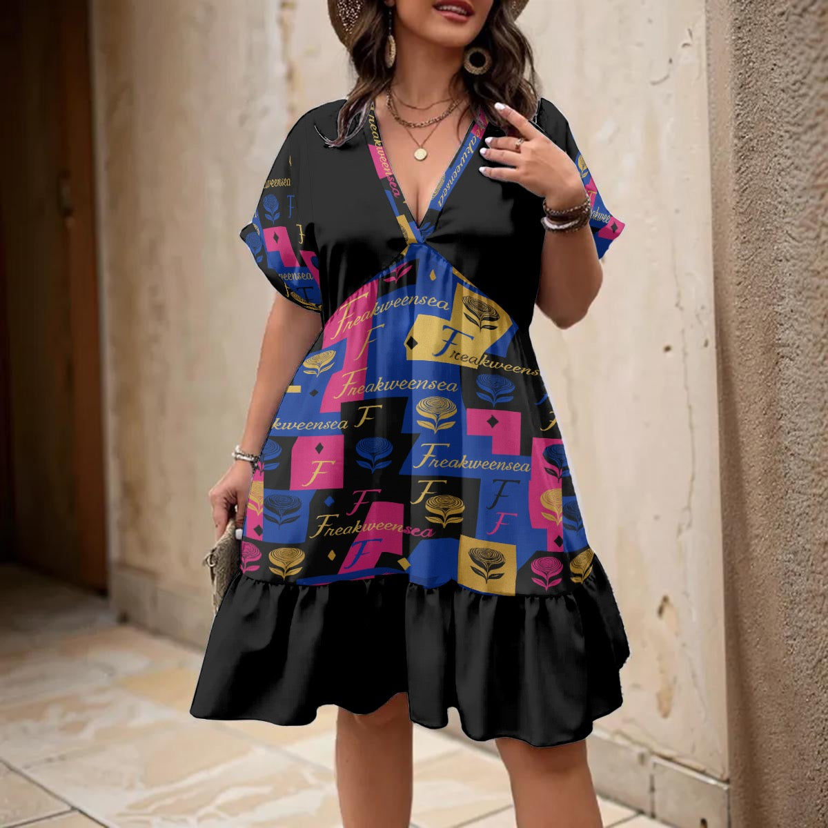 Freakweensea Floral V-Neck Short Sleeve Dress